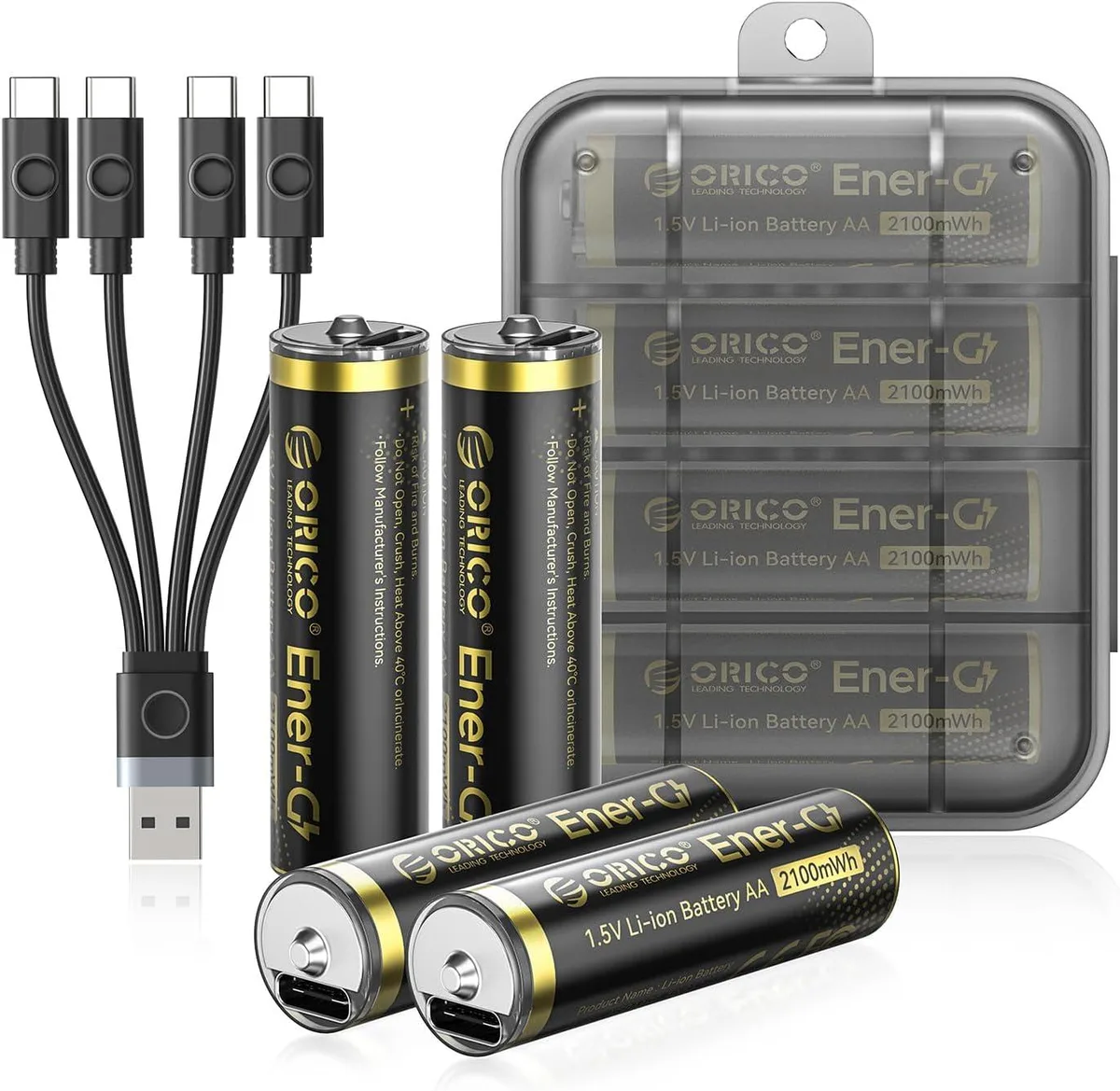 Four AA lithium-ion batteries with USB-C charging cable