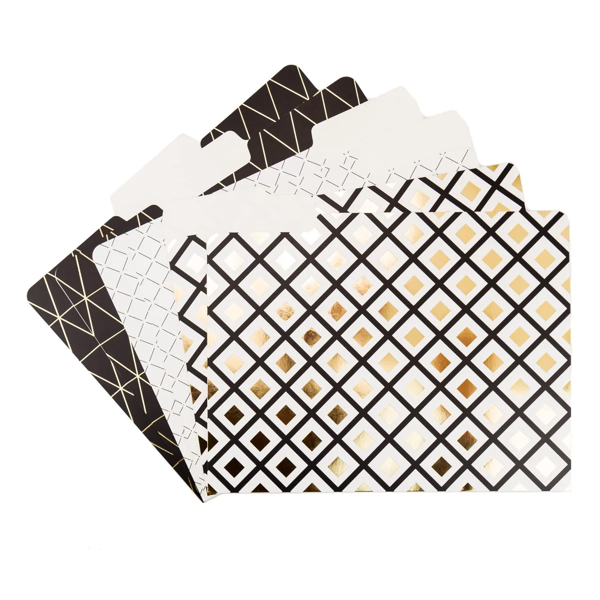 Six assorted letter-size file folders with staggered tabs, paper finish
