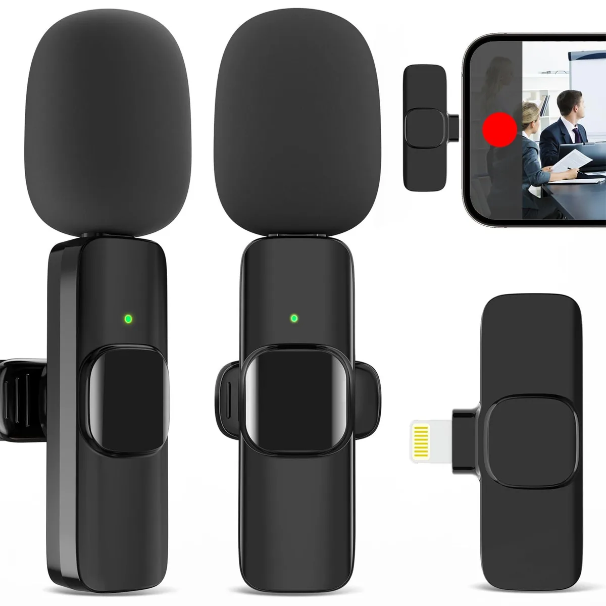 Two black clip-on wireless lavalier mics with Lightning receiver