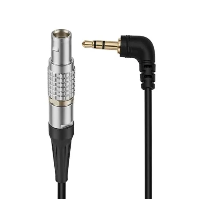 Red coiled sync cable with straight 9-pin and 3.5mm plugs, 50 cm long