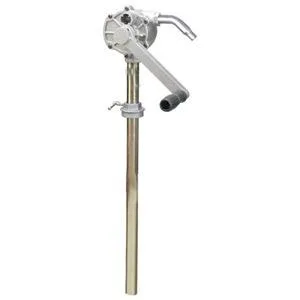 Silver metal rotary drum pump with crank handle and straight spout for oil and fuel transfer