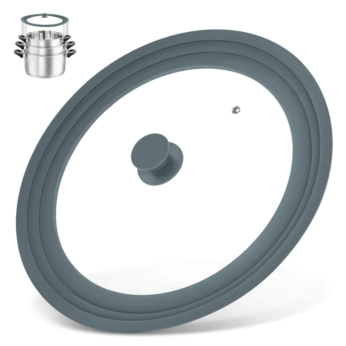 Tempered glass universal lid with grey silicone rim fits 13 14 15 inch cookware