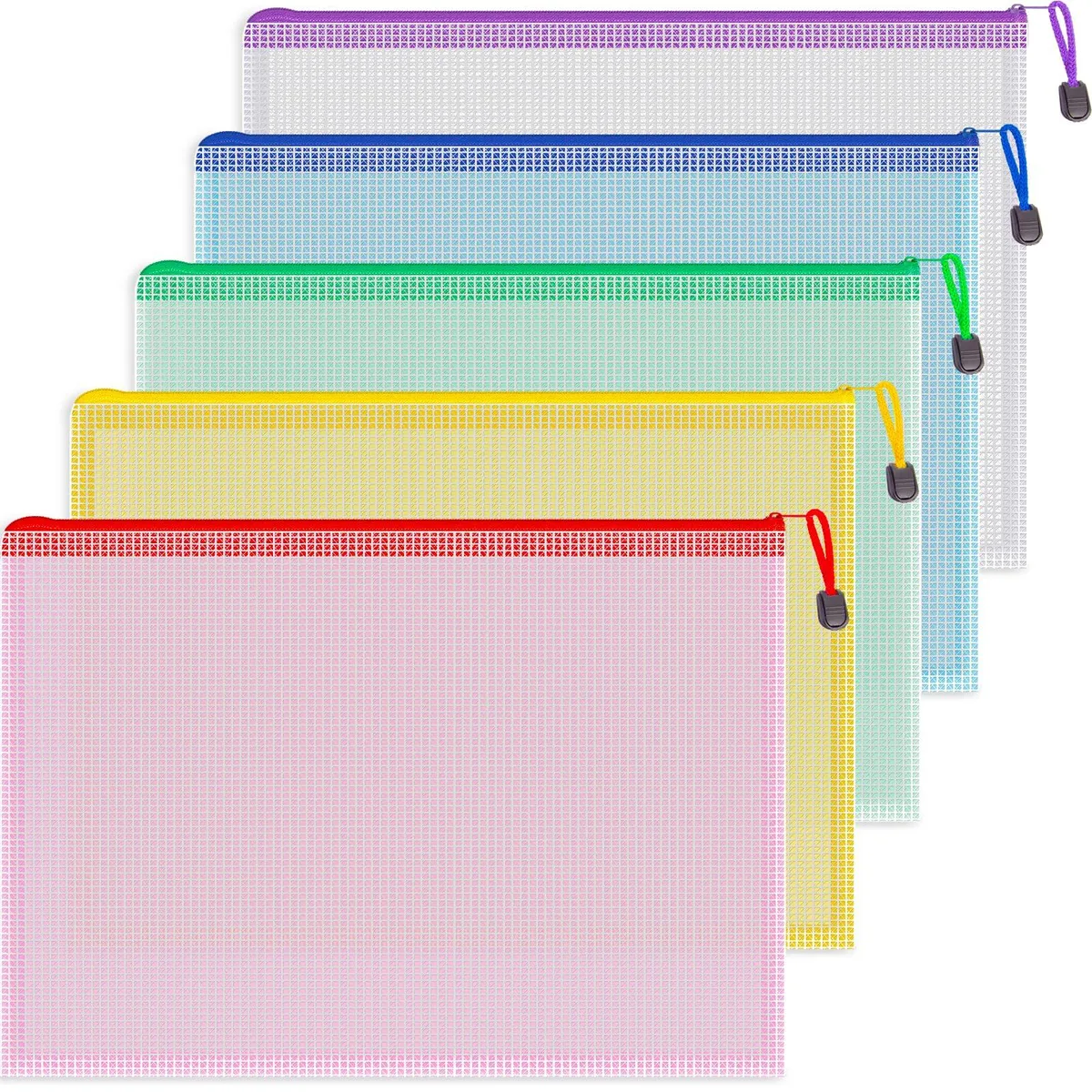 Five A4 mesh zipper pouches in assorted colours