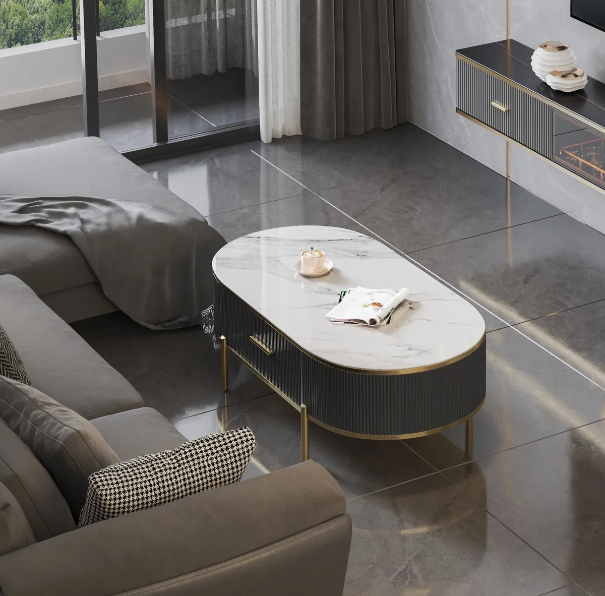 tuphen tuphen Modern Coffee Table White/Gray Sintered Stone Top &amp; Gold With Drawer — product photo