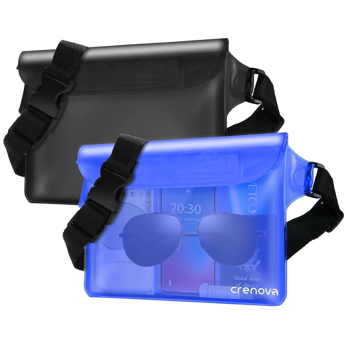 Two flat rectangular PVC pouches, blue and black, clear front panels, zip-lock tops, adjustable straps attached
