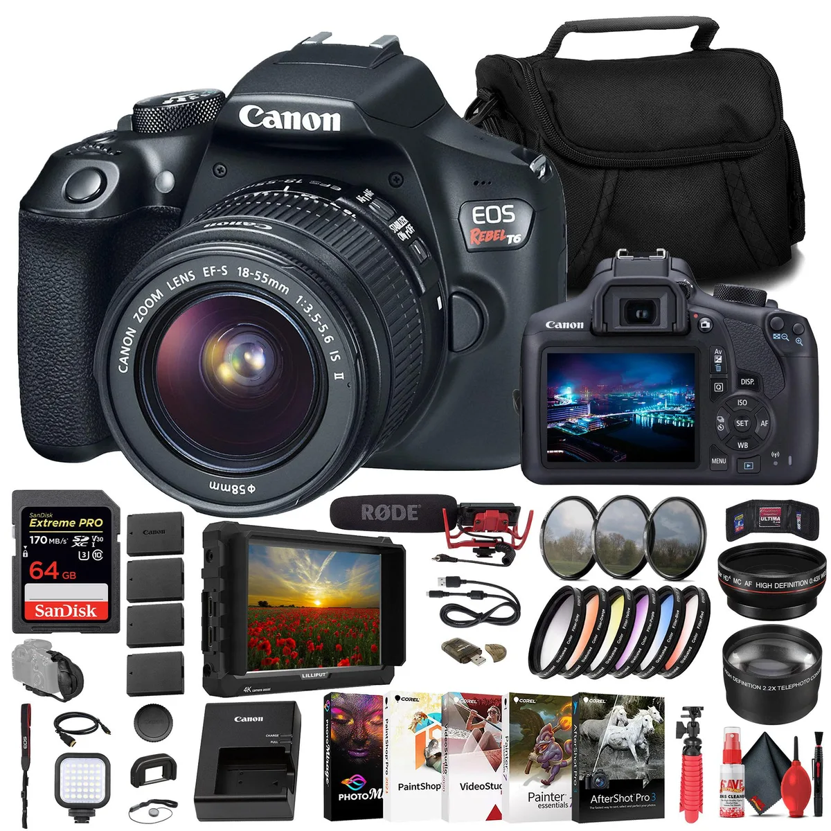 Canon Canon EOS Rebel T6 18-55mm kit with monitor, mic, 64GB card — product photo