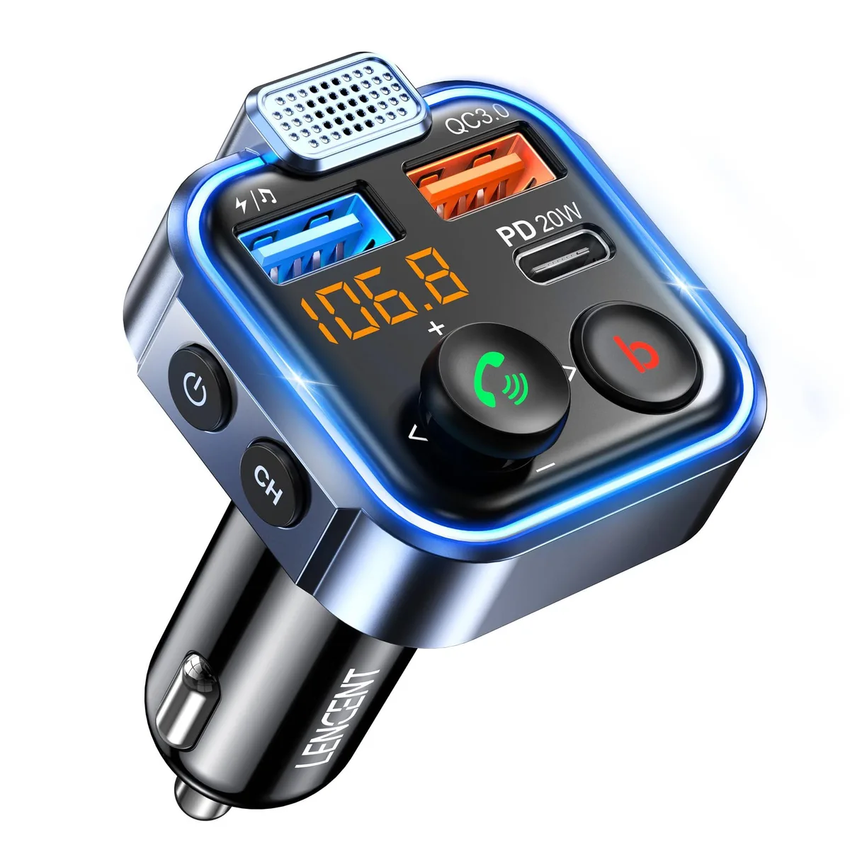 Compact black plastic FM transmitter with blue LED ring, USB-C and USB-A ports, flexible neck plugs into 12 V socket