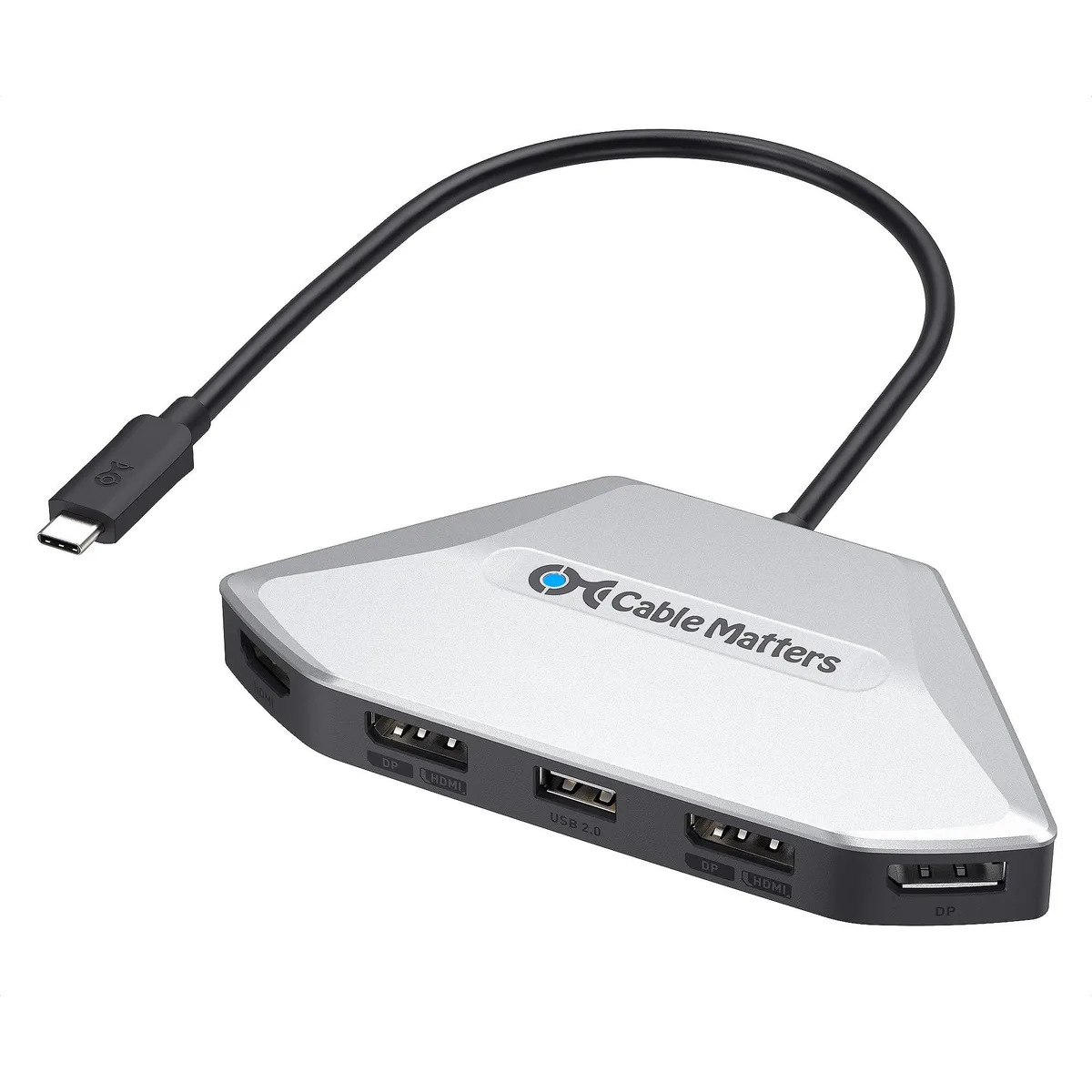 Silver rectangular USB-C MST adapter with multiple video ports
