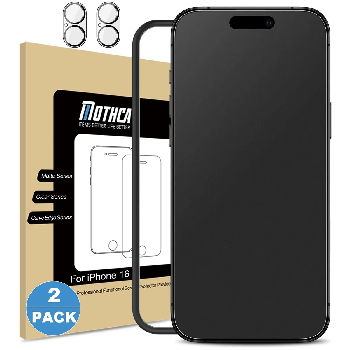 Two matte glass screen protectors and two clear camera lens protectors for iPhone 16 6.1 inch