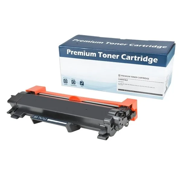 Rectangular black toner cartridge with smooth matte finish and green drum shutter