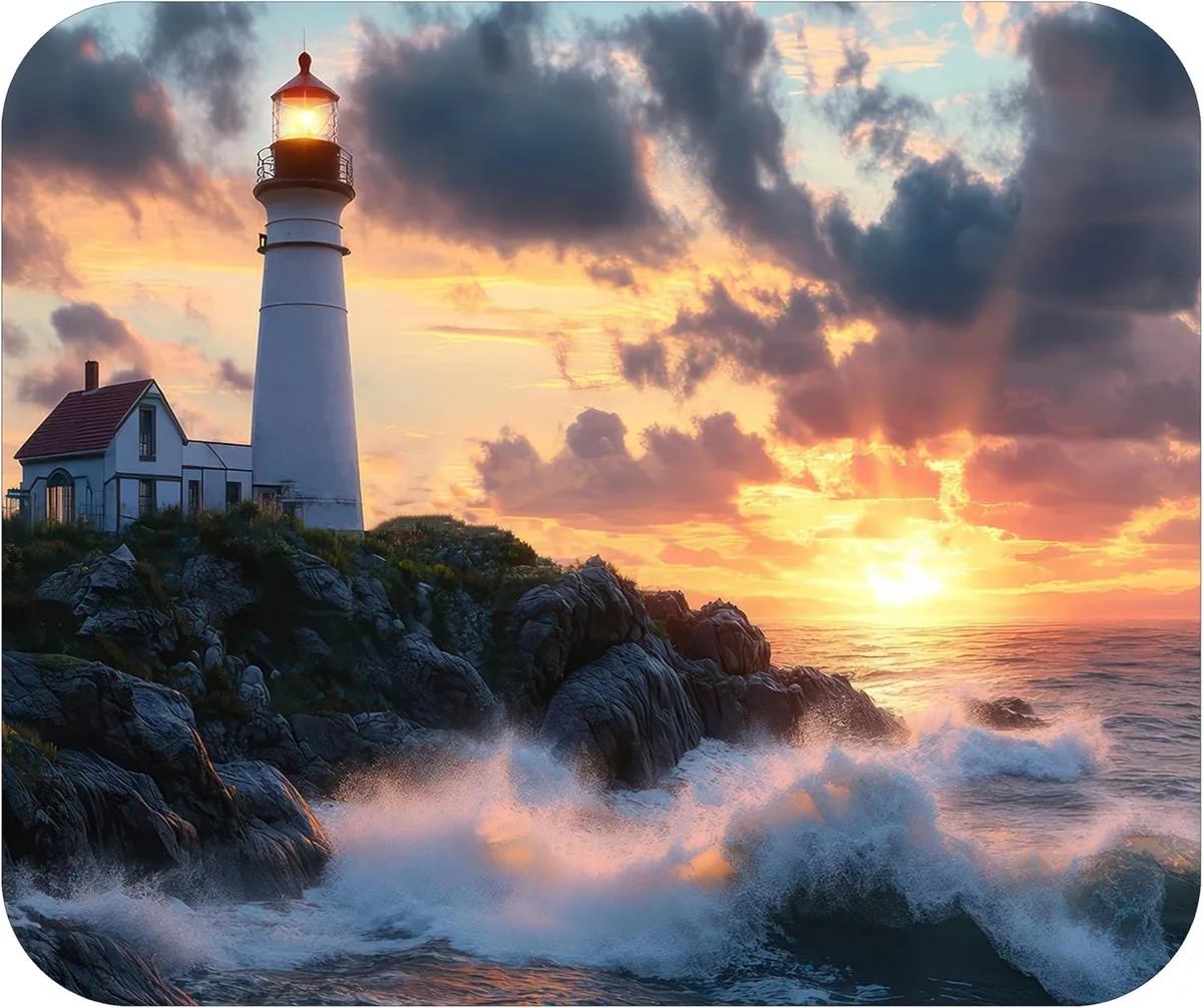 Rectangular mouse pad with lighthouse sunset beach scene, cloth surface, rubber base