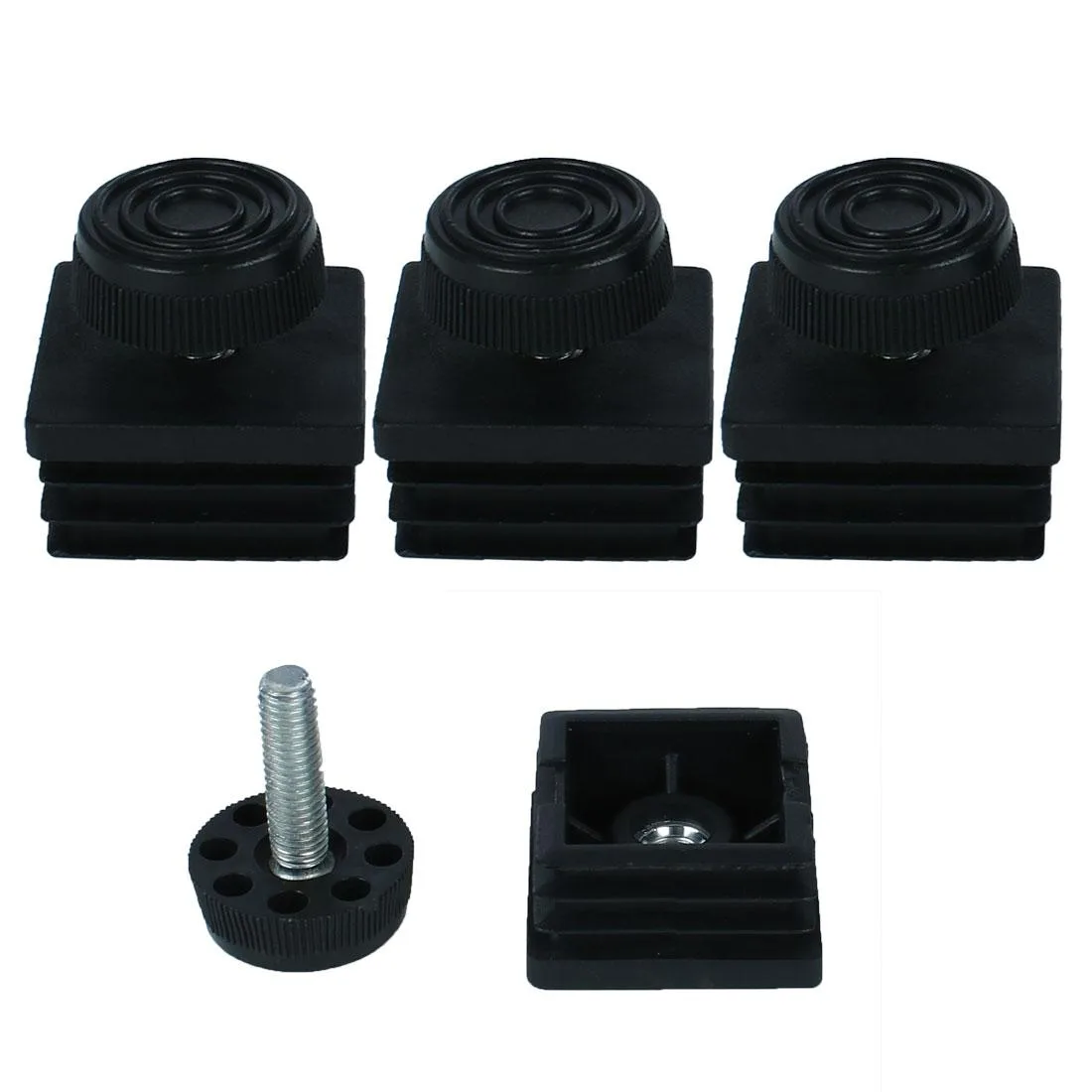 Four sets of 38mm square tube inserts with adjustable leveling feet and plastic bases