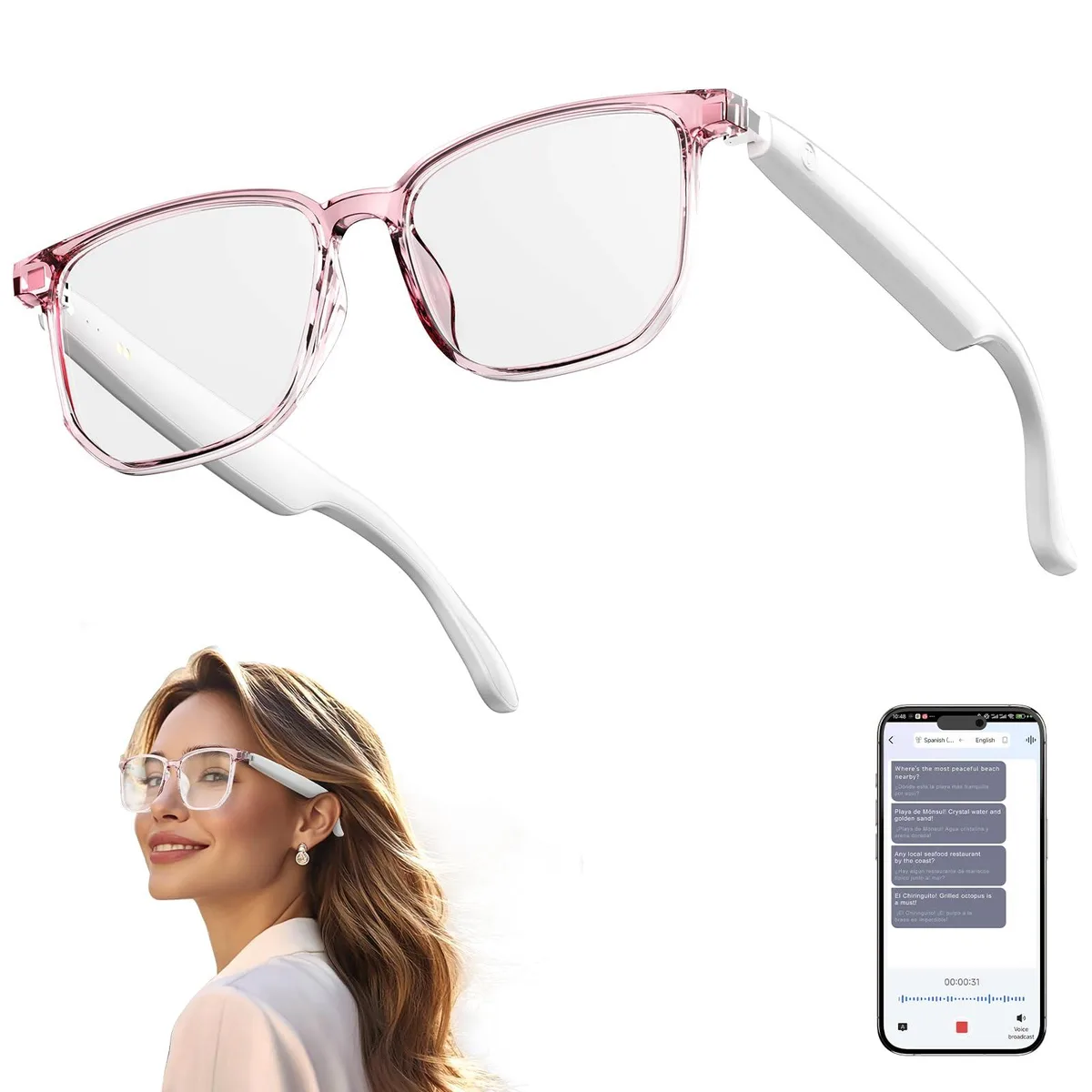  QxzPower AI Smart Glasses Bluetooth 6.0 White — product photo