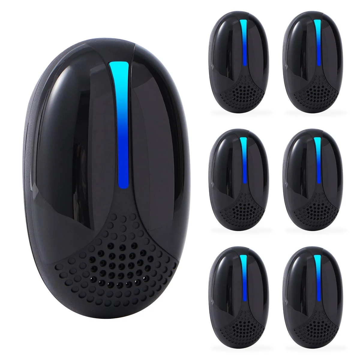 Six white plug-in ultrasonic pest repellers with indicator lights