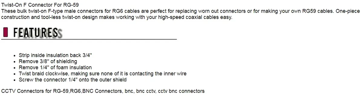 Bluecctv Bluecctv F Connector Twist-on RG-59 surveillance accessory — product photo