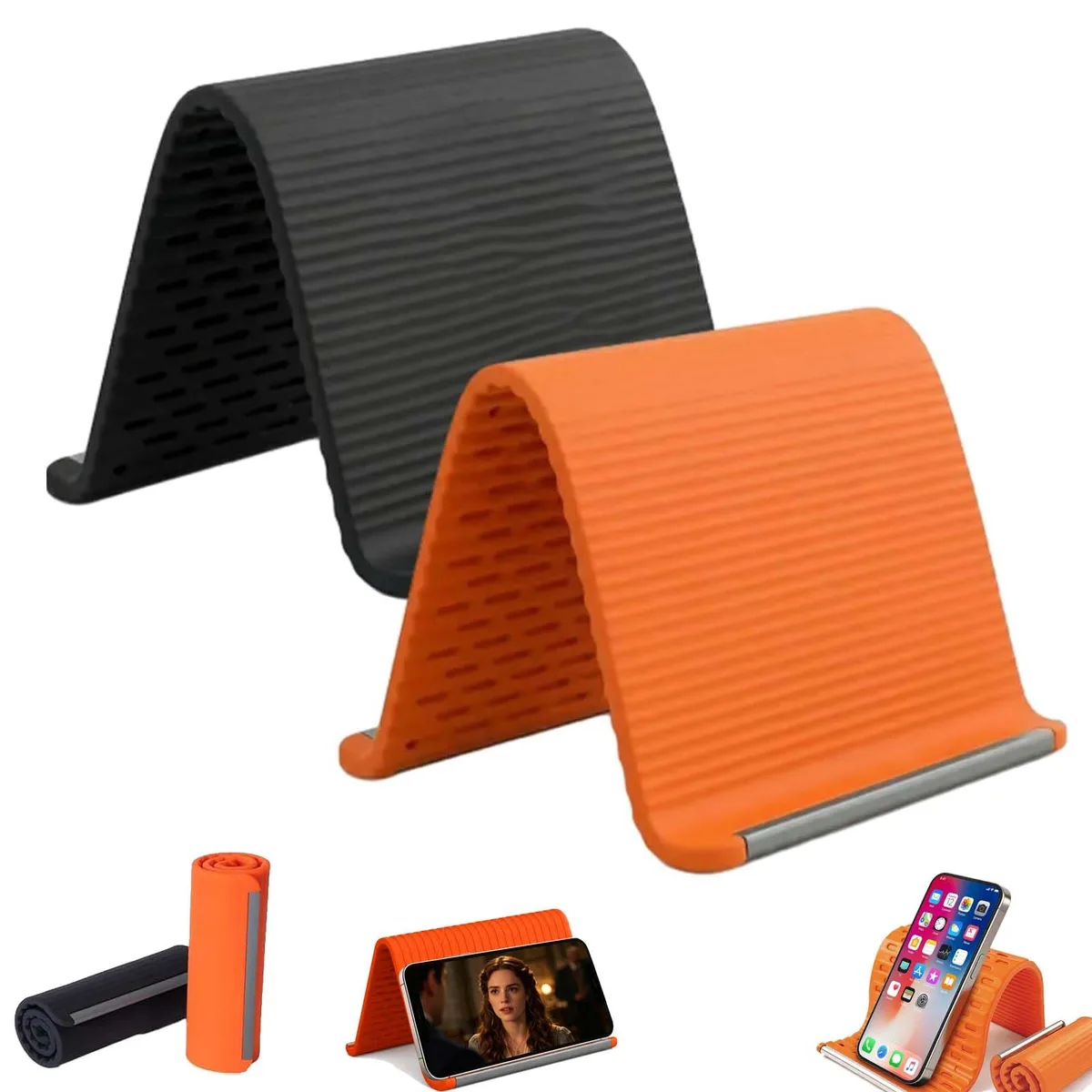  sprsum Foldable Phone Mount Silicone Aluminum Black Orange 205g 7.8x3.9x.2 in — product photo