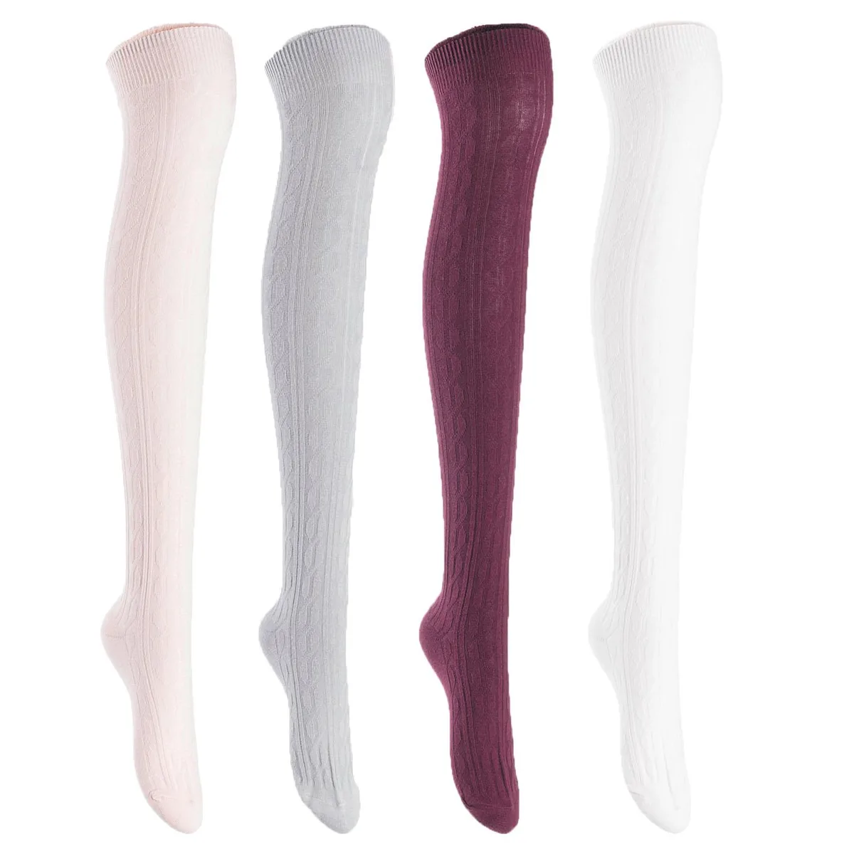Four pairs of beige thigh-high cotton socks, size 6-9