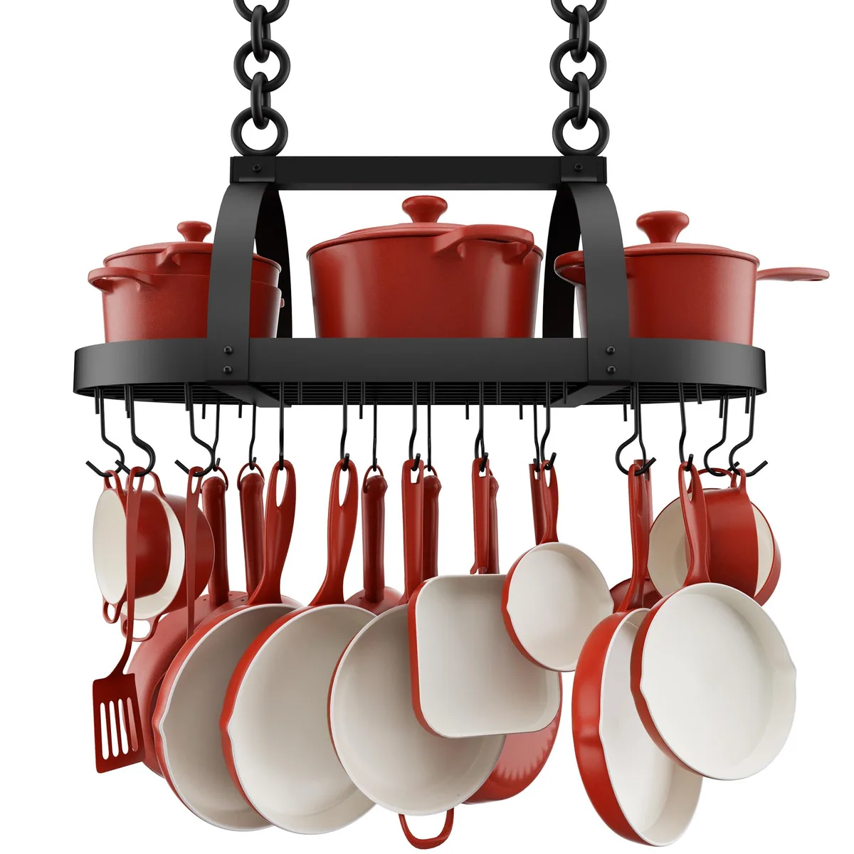 Oval matte-black metal pot rack, 34-inch frame with grid shelf, 20 S-hooks and two adjustable chains for ceiling mounting
