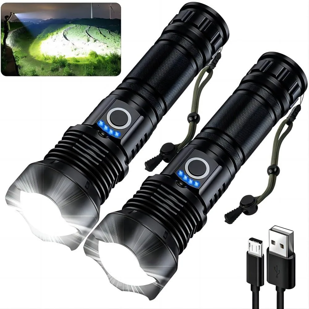 Two small aluminium flashlights side by side, matte finish, knurled grip, USB ports visible