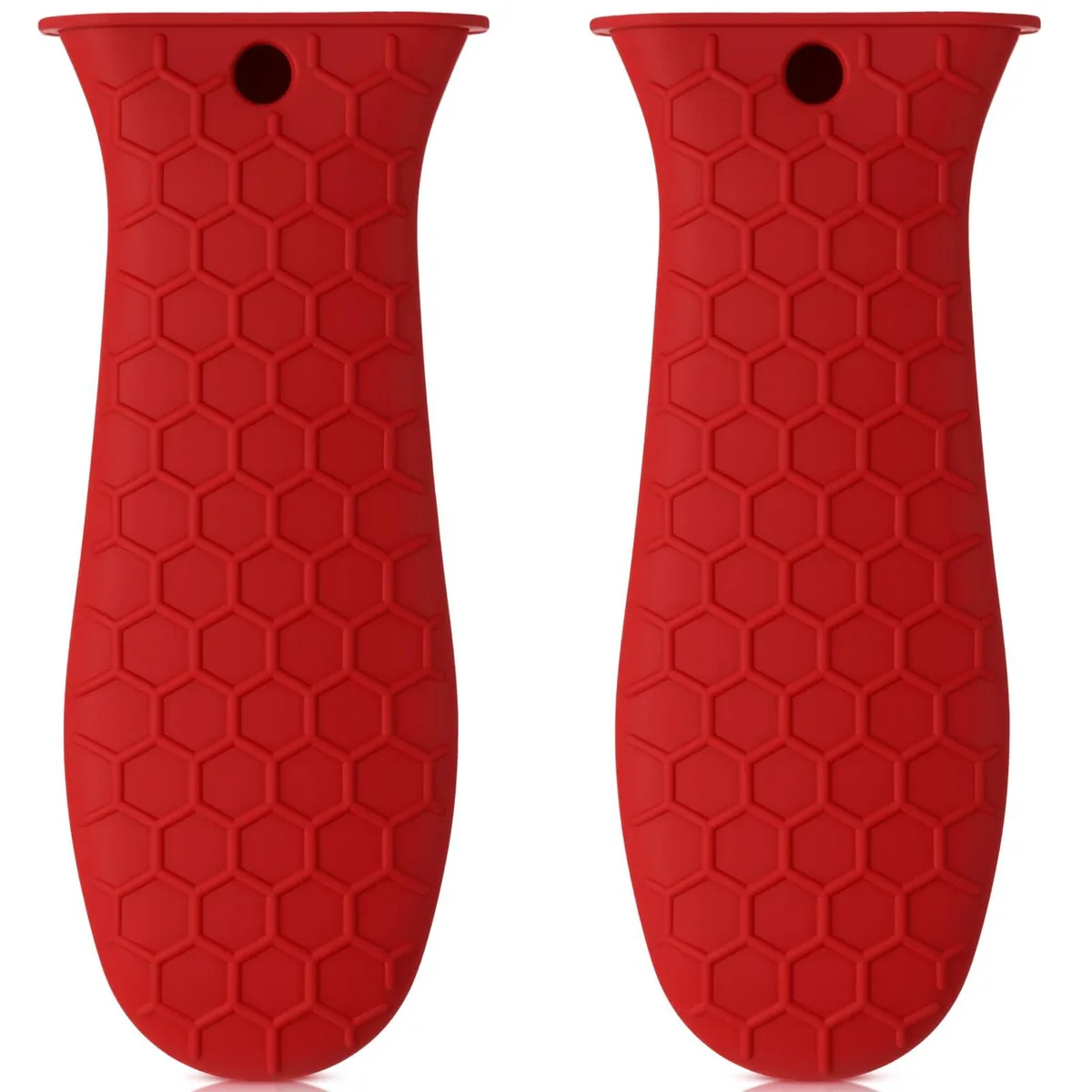 Red silicone skillet handle cover with textured grip, sold as a pair