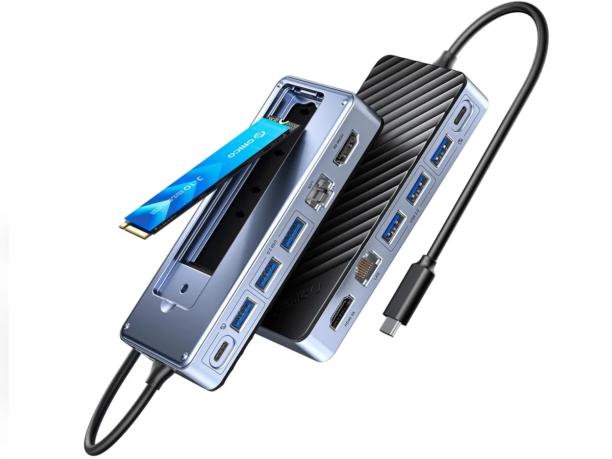 Orico Orico 8-in-1 Docking Station M.2 NVME SATA 8TB 10Gbps 4K 60Hz HDMI 100W PD RJ45 SD/TF — product photo