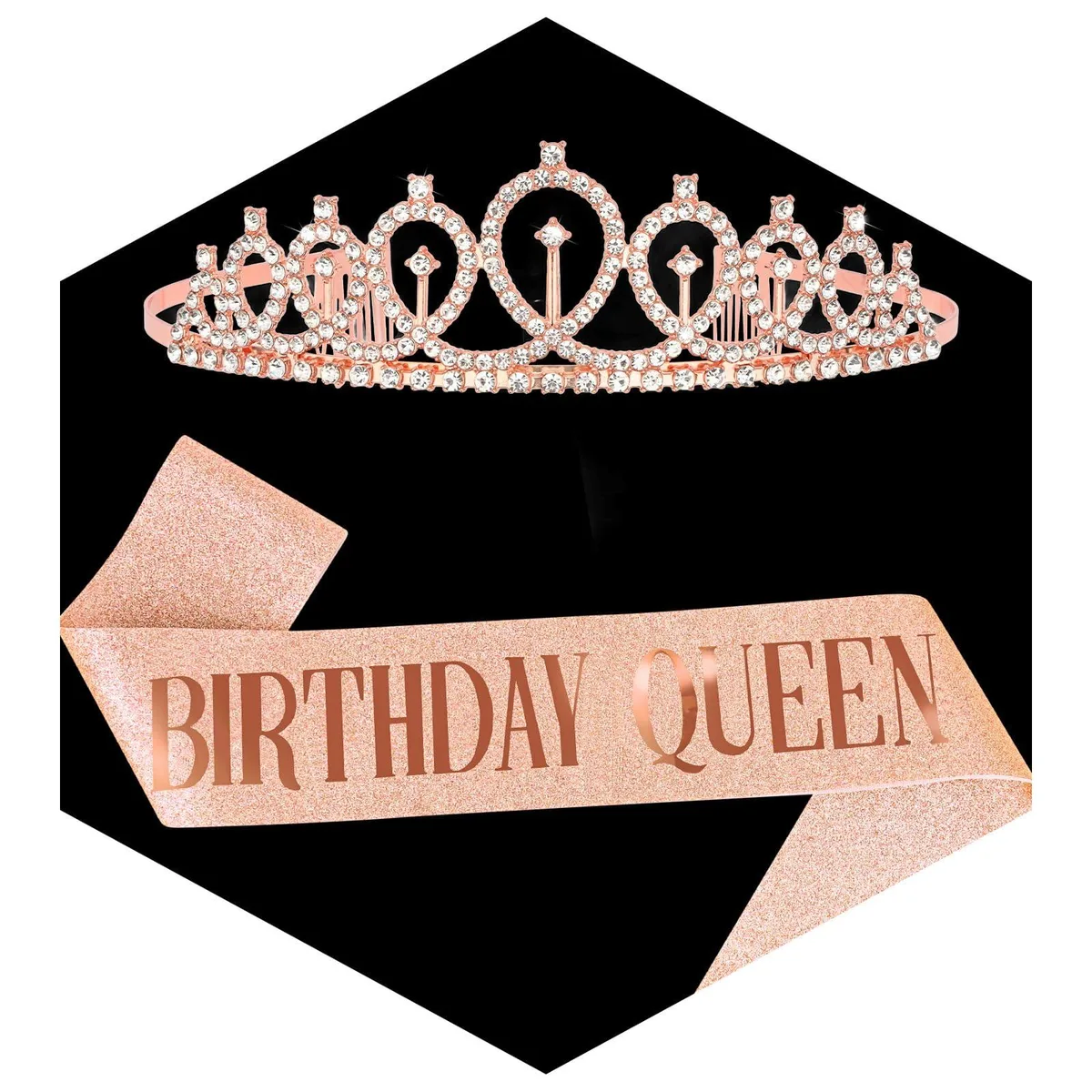 Rose gold rhinestone tiara with hair combs and matching glitter Birthday Queen sash
