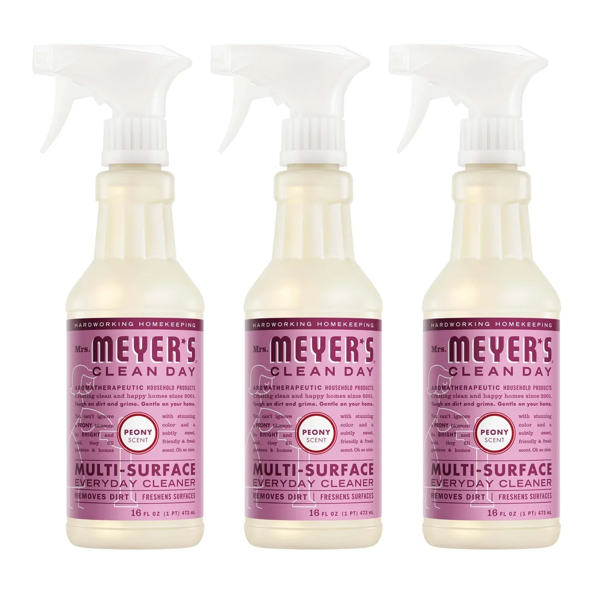 Three white 16 fl oz spray bottles with peony scent