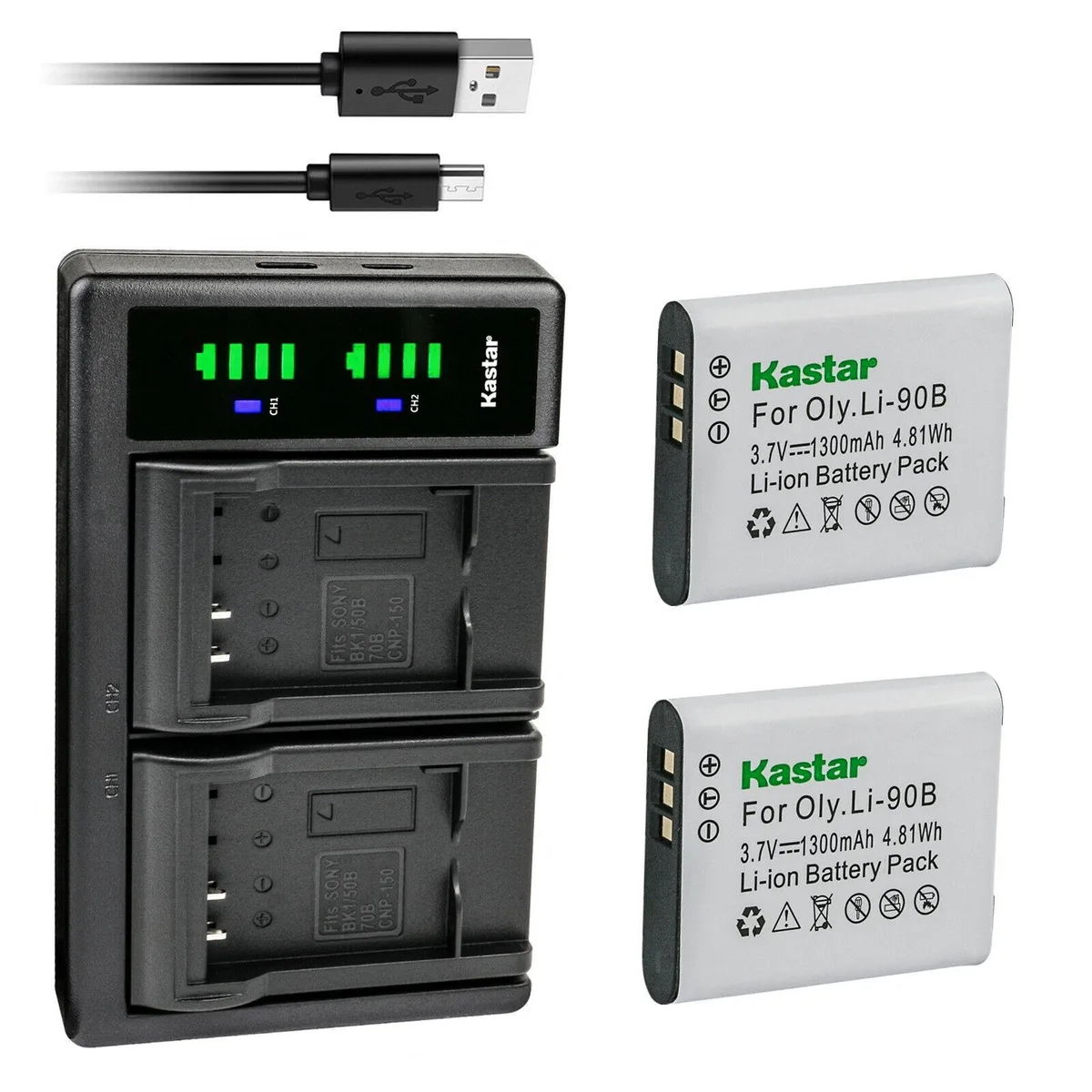 Kastar Kastar Li-90B 2-Pack Battery &amp; LTD2 USB Charger for Olympus Stylus SH-1 SH-2 SH-3 SH-50 SH-60 SP-100 SP-100EE — product photo