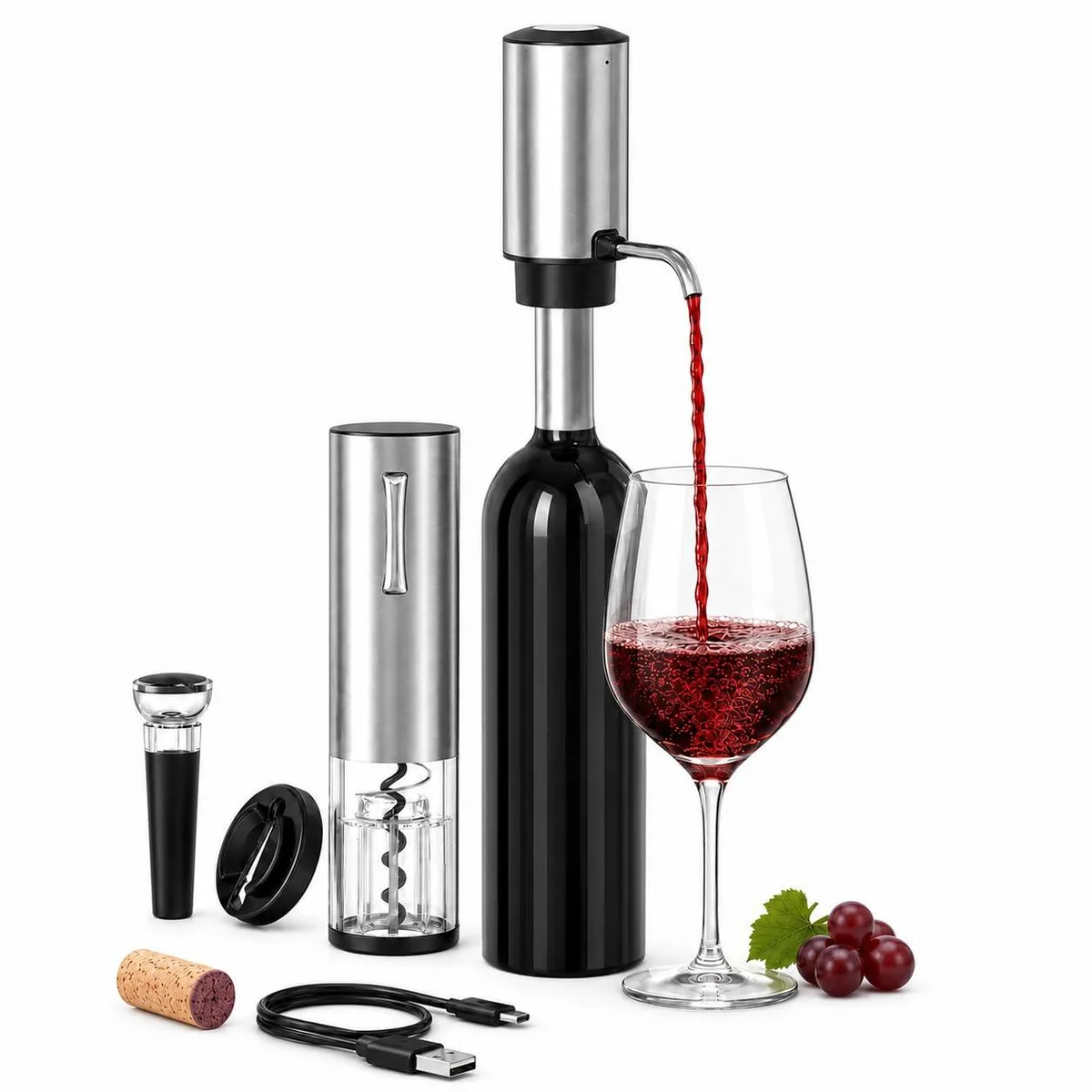 Silver rechargeable wine opener set with aerator pourer, vacuum stopper and foil cutter in gift box