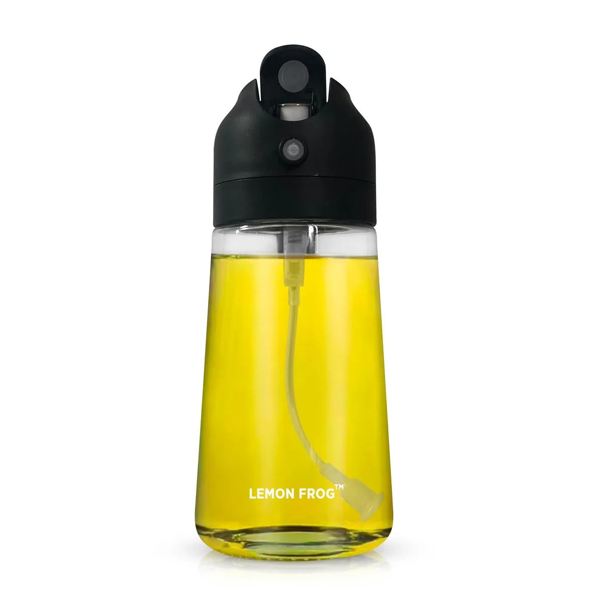 Clear glass oil sprayer bottle with black pump head and ergonomic grip, 470mL capacity