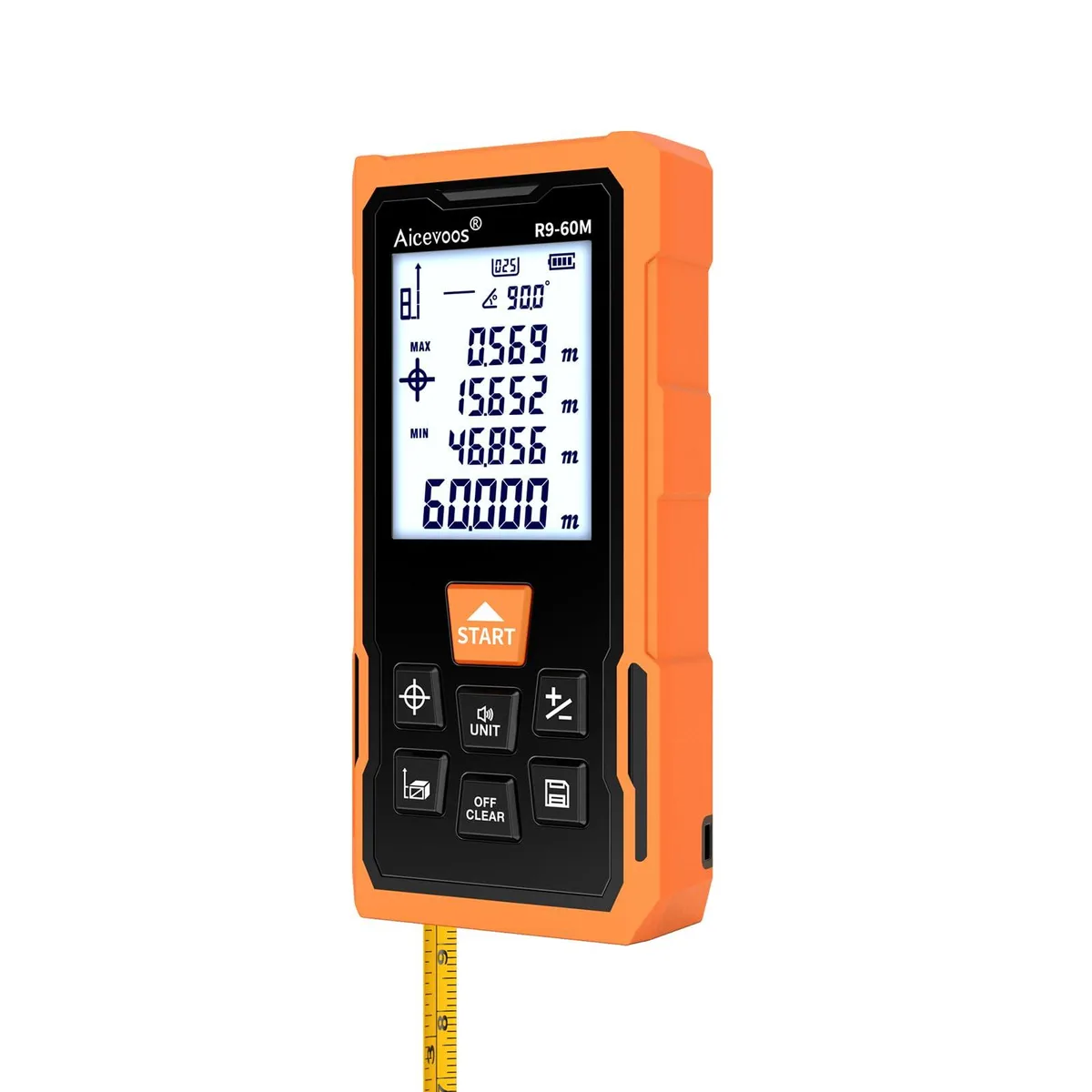 R9 Laser Measure 60m 196ft Cross Laser Backlit Screen — product photo