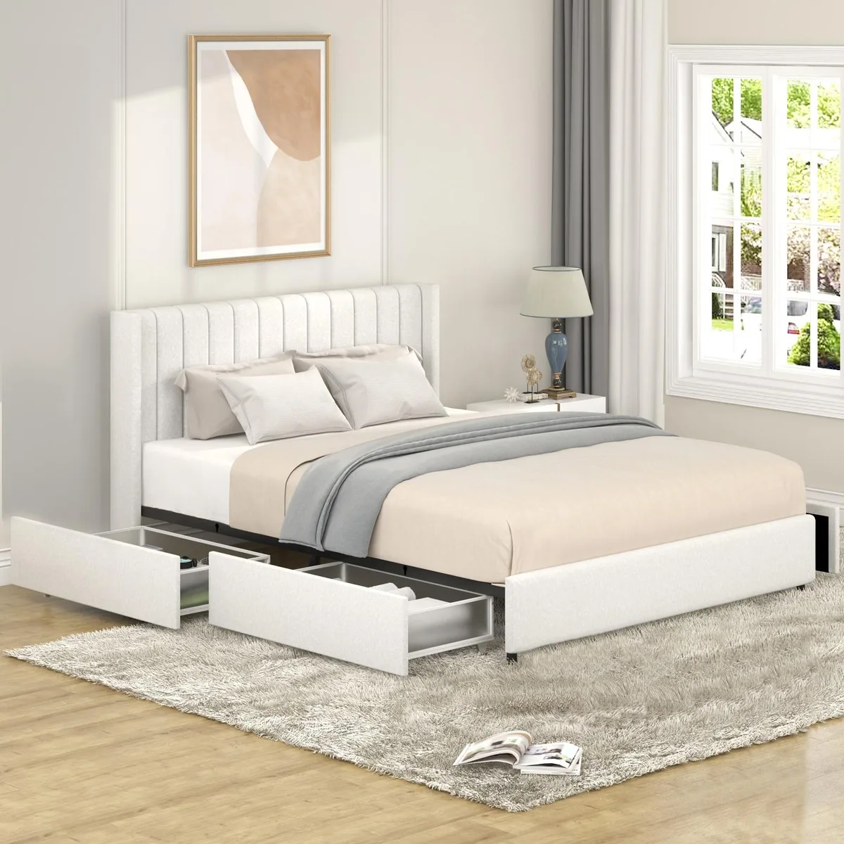 Ivory boucle upholstered queen platform bed with tufted wingback headboard and four under-bed drawers