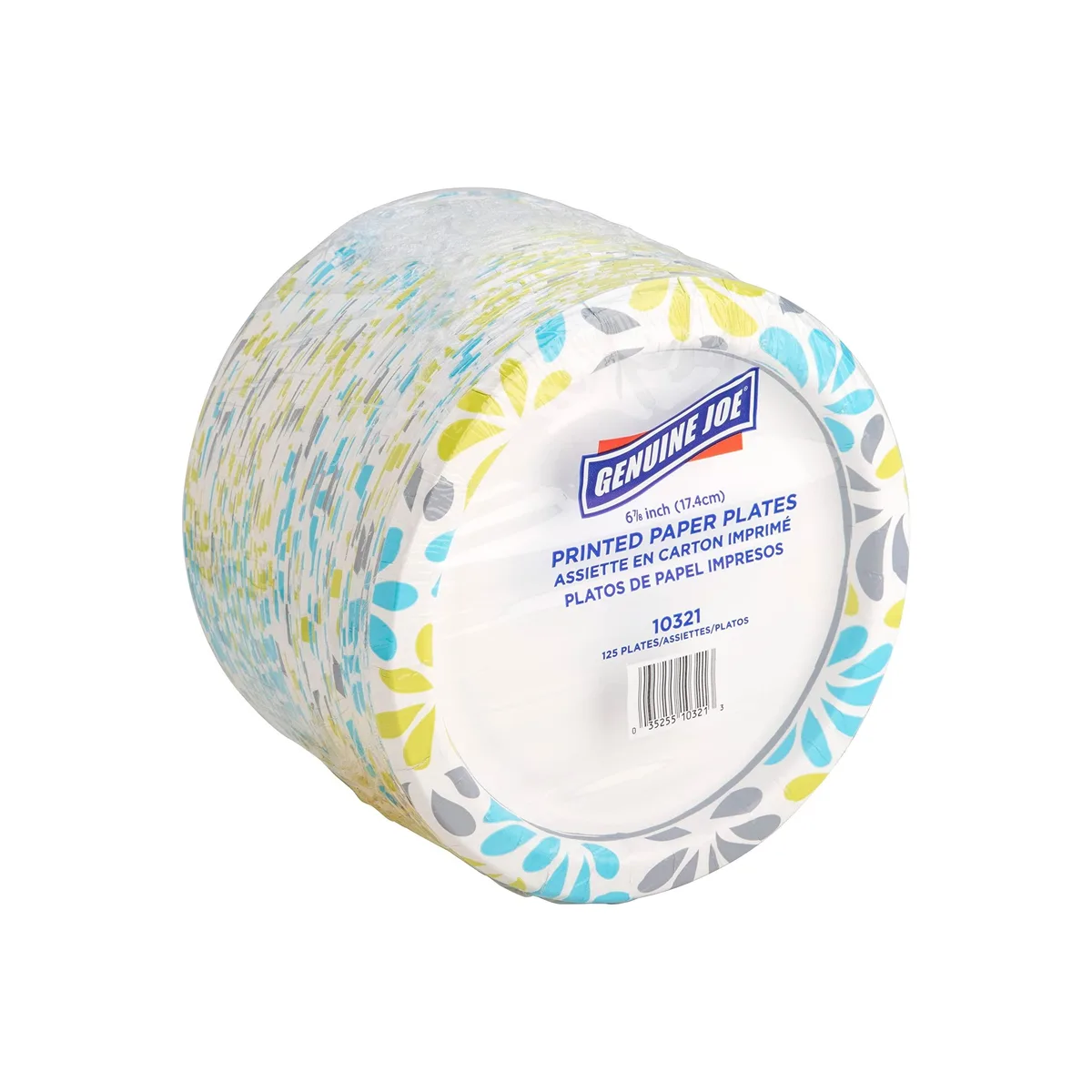 Pack of 125 white rectangular plastic plates with multicolor rim, 6.88 in square