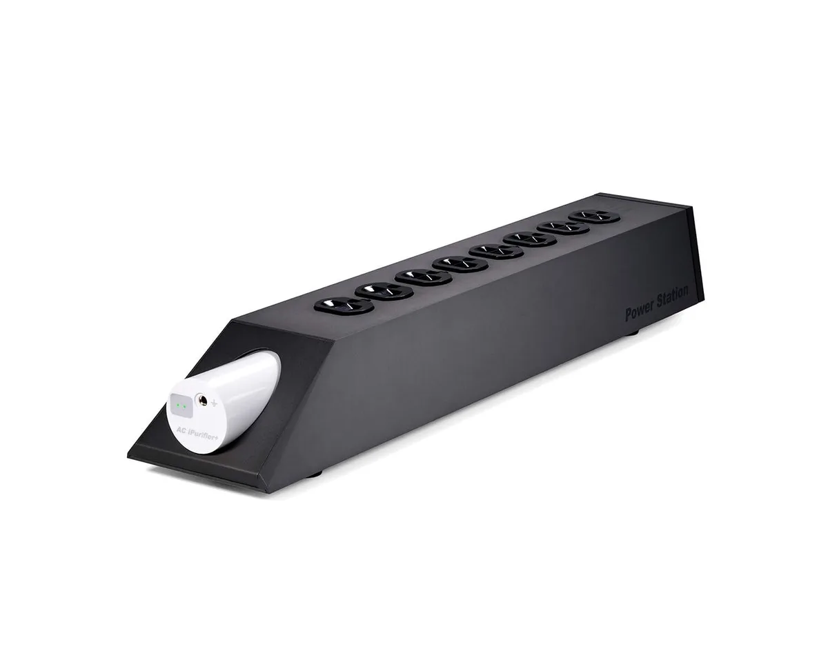 Silver aluminium power conditioner with eight isolated outlets and diagnostic display