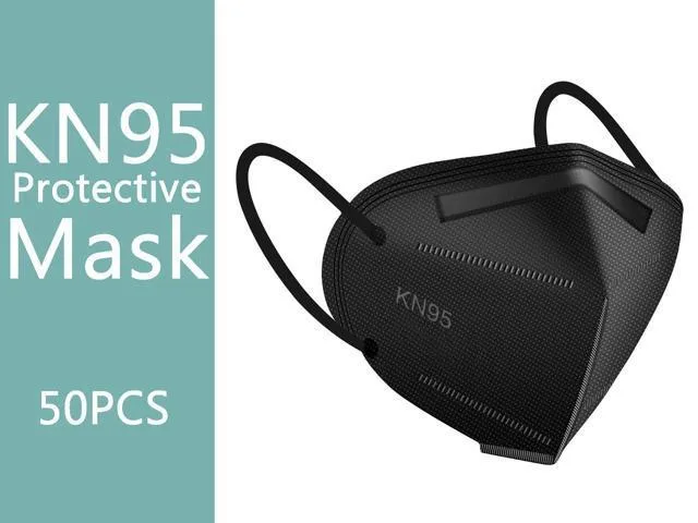 Pack of 50 black 5-layer disposable face masks with elastic ear loops and nose clip