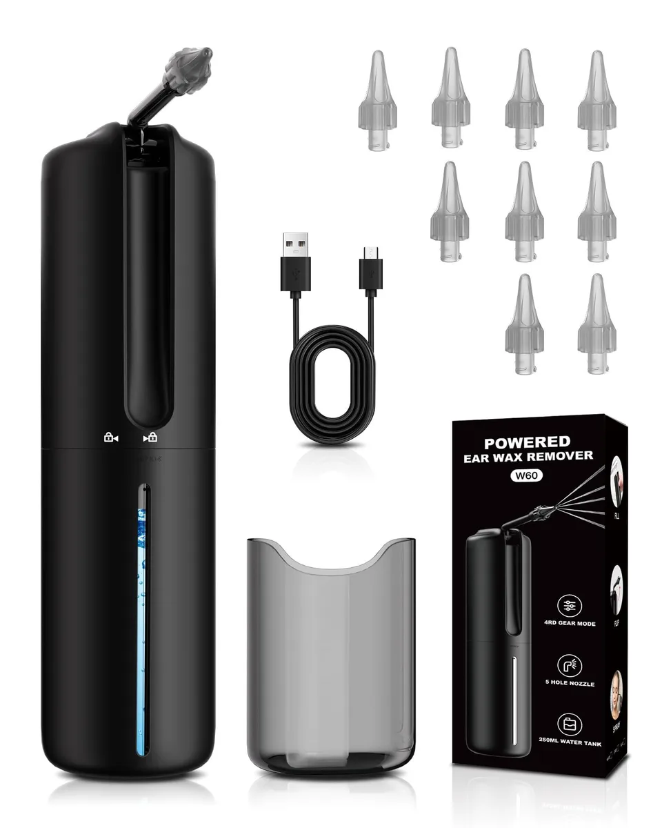 Black electric ear irrigator with water tank and nozzle, compact handheld design, matte finish