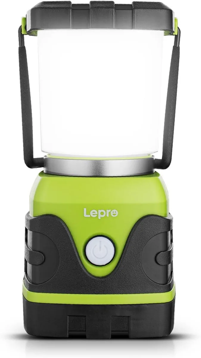 Cylindrical white LED camping lantern with metal carry handle and bottom hook