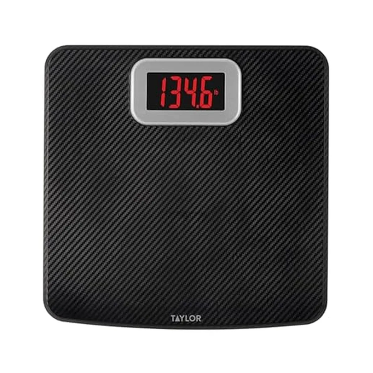 Black digital bathroom scale with 11.8 inch square platform and carbon-fiber anti-slip finish