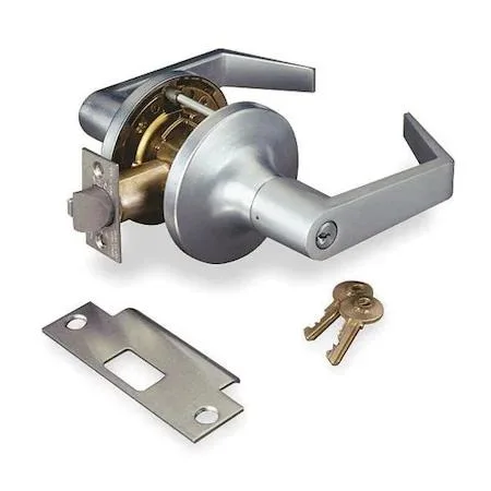 Satin chrome lever door lock with antimicrobial finish