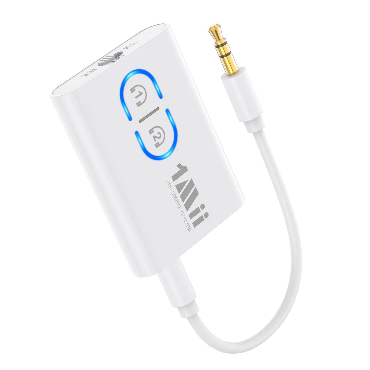Small white rectangular Bluetooth 5.3 audio adapter with 3.5mm and RCA ports