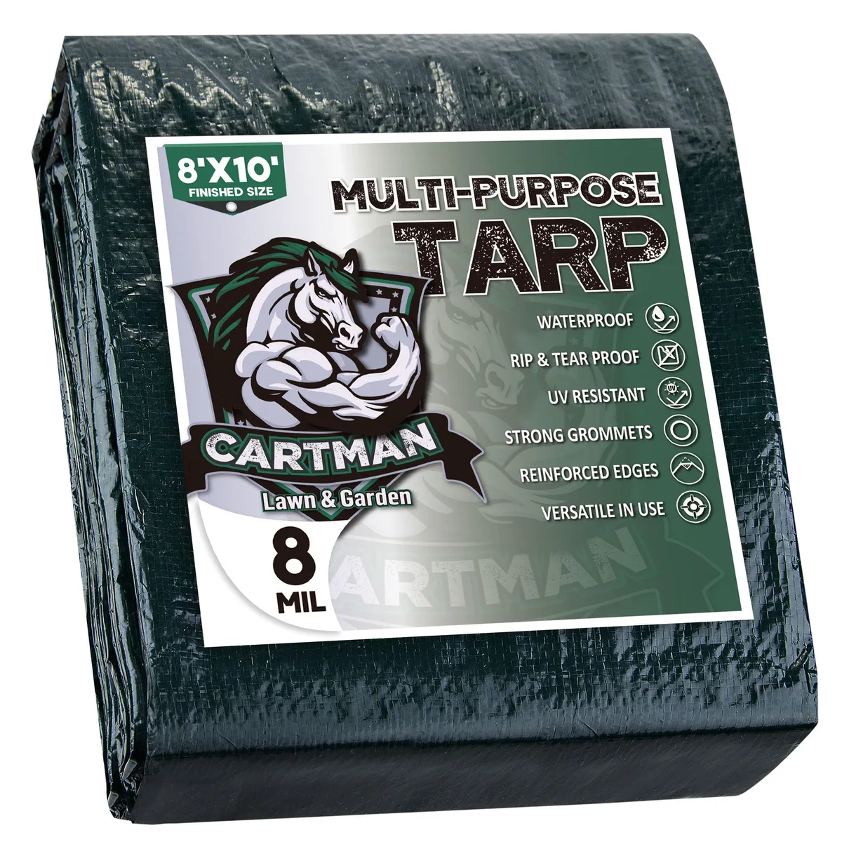 Green rectangular tarp with metal grommets and reinforced corners