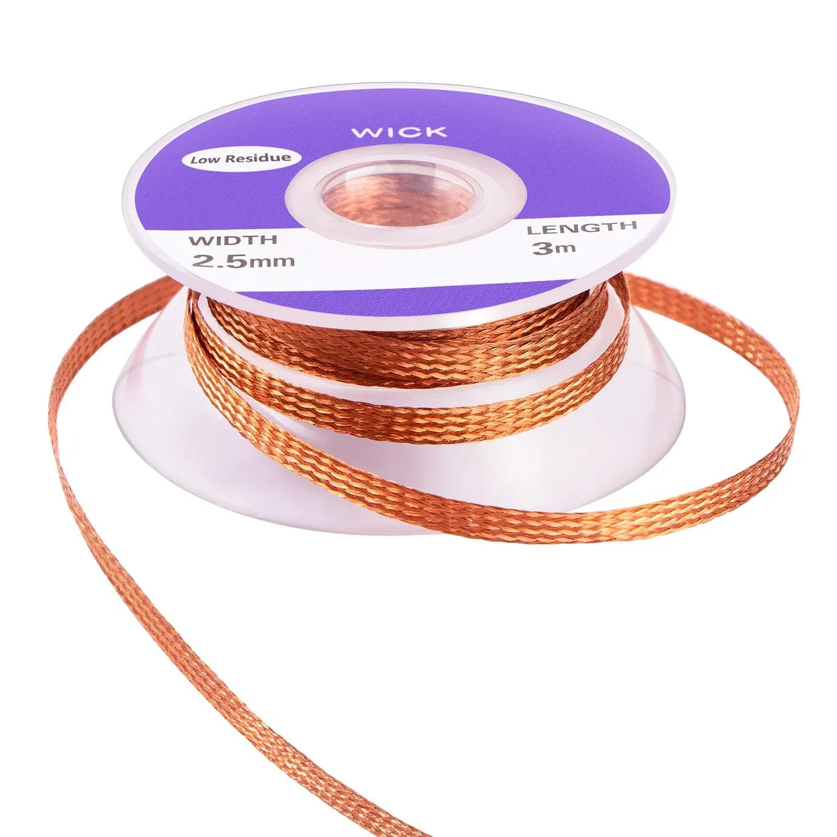 A spool of fine copper braid 2.5mm wide 3m long on a cardboard card