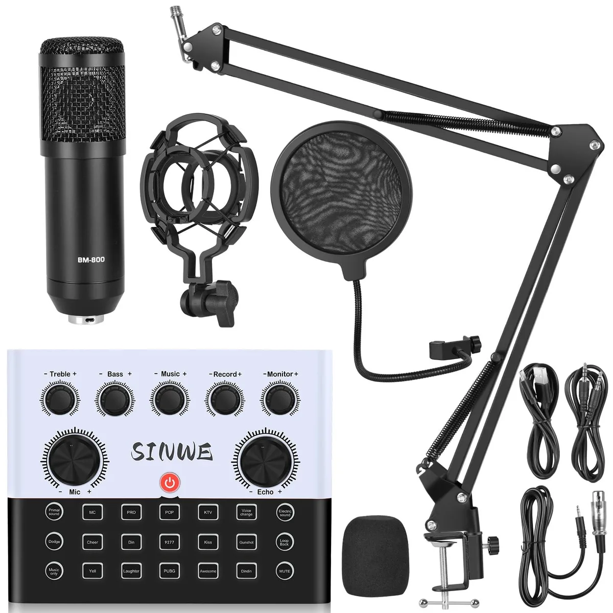 White audio interface unit with knobs, buttons and multiple ports, plus a condenser microphone on a scissor arm stand
