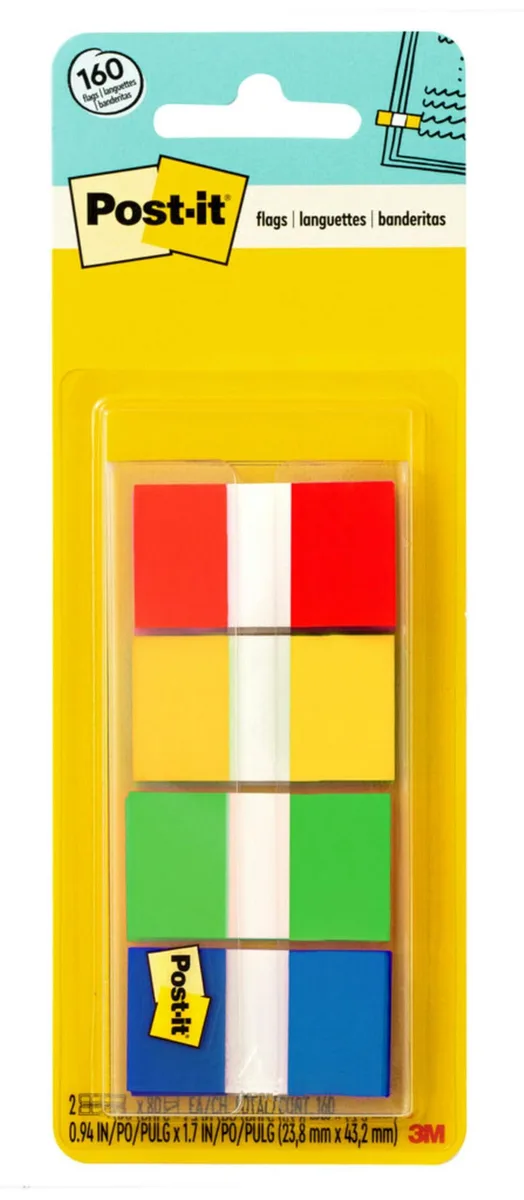 Two clear plastic dispensers holding assorted colour flags in red yellow green blue