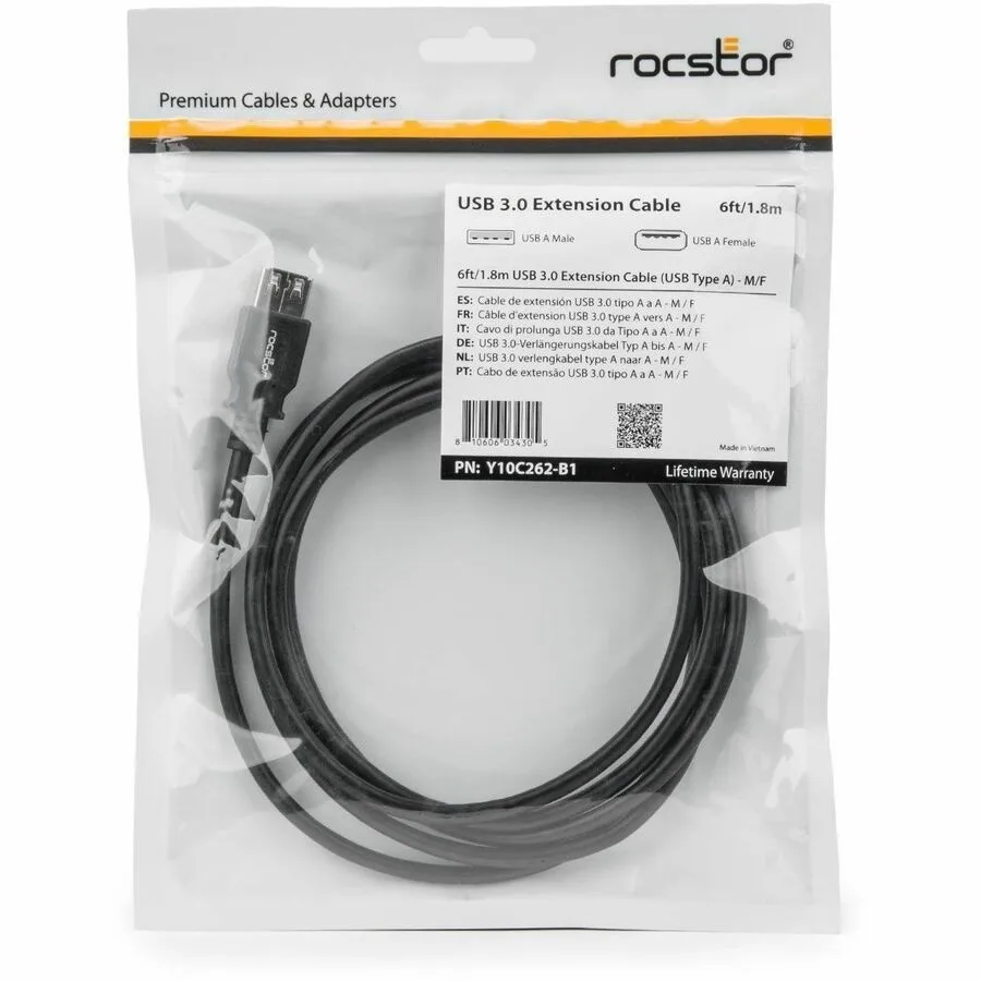 Black USB-A extension cable male to female 1.83m