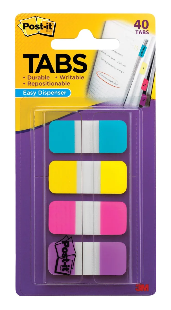 Four small rectangular sticky tabs in aqua pink yellow violet arranged in a compact dispenser