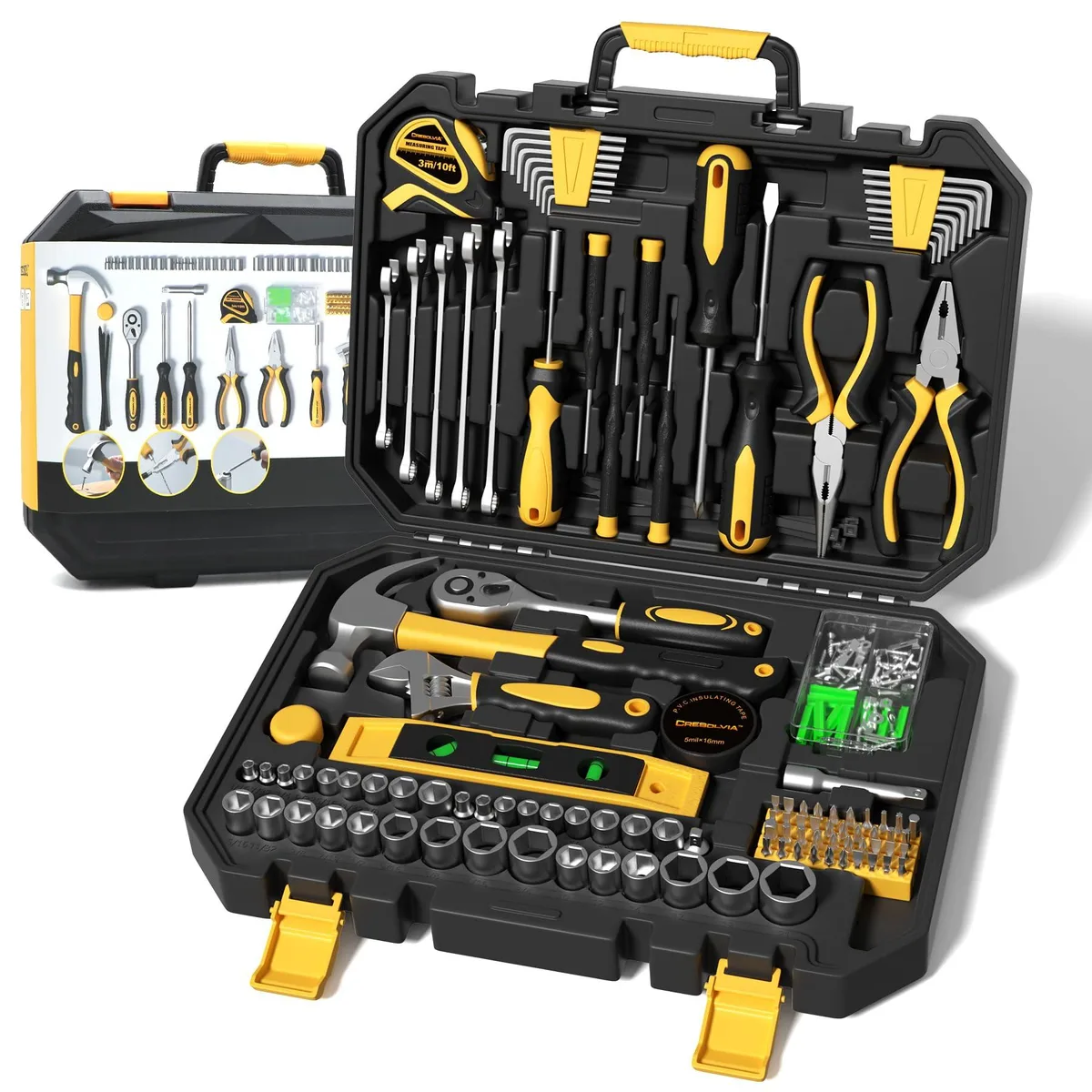 Blue plastic tool box 15.16 by 10.63 by 3.15 inches holding 209-piece hand tool kit