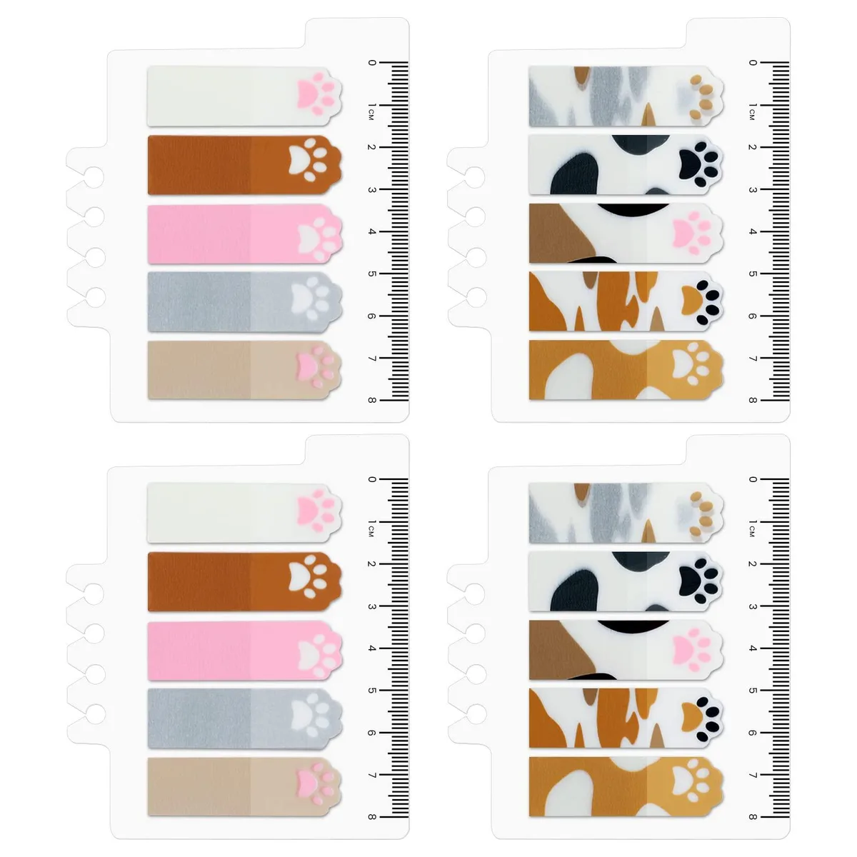 Four sets of translucent cat-paw sticky tabs in brown, pink and white, 400 pieces with ruler strip