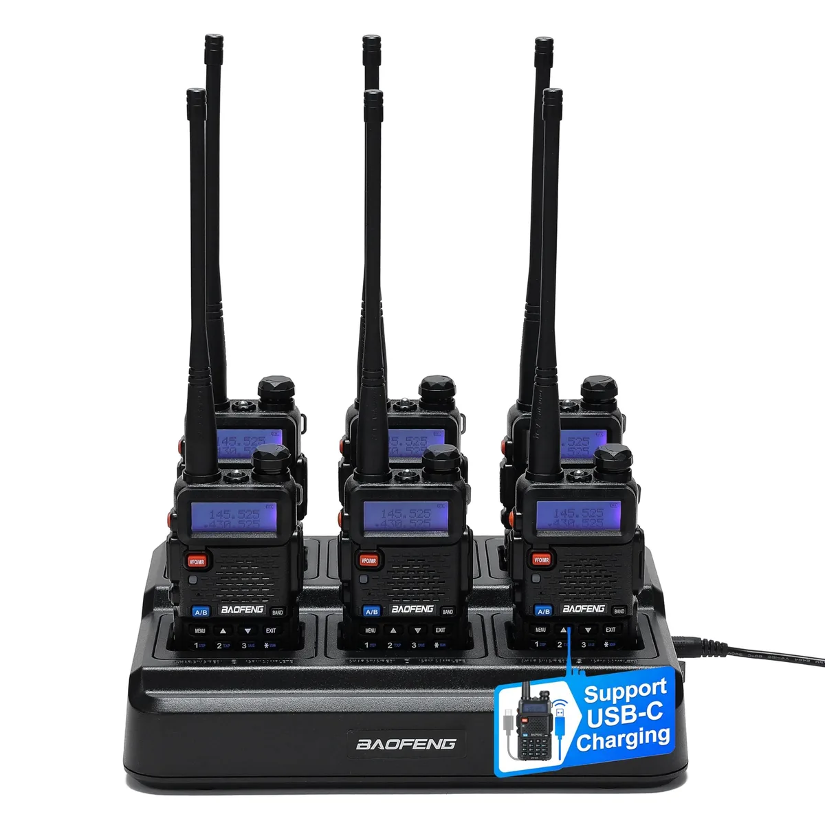 BAOFENG BAOFENG UV-5R 2 in 1 Accessory Pack of 6 Black with 6 Way Charger USB-C Battery — product photo