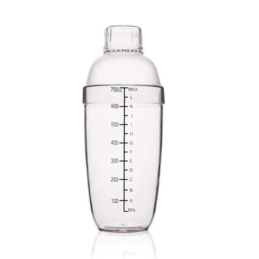 Clear 24 oz cocktail shaker with frosted lid and measurement scales